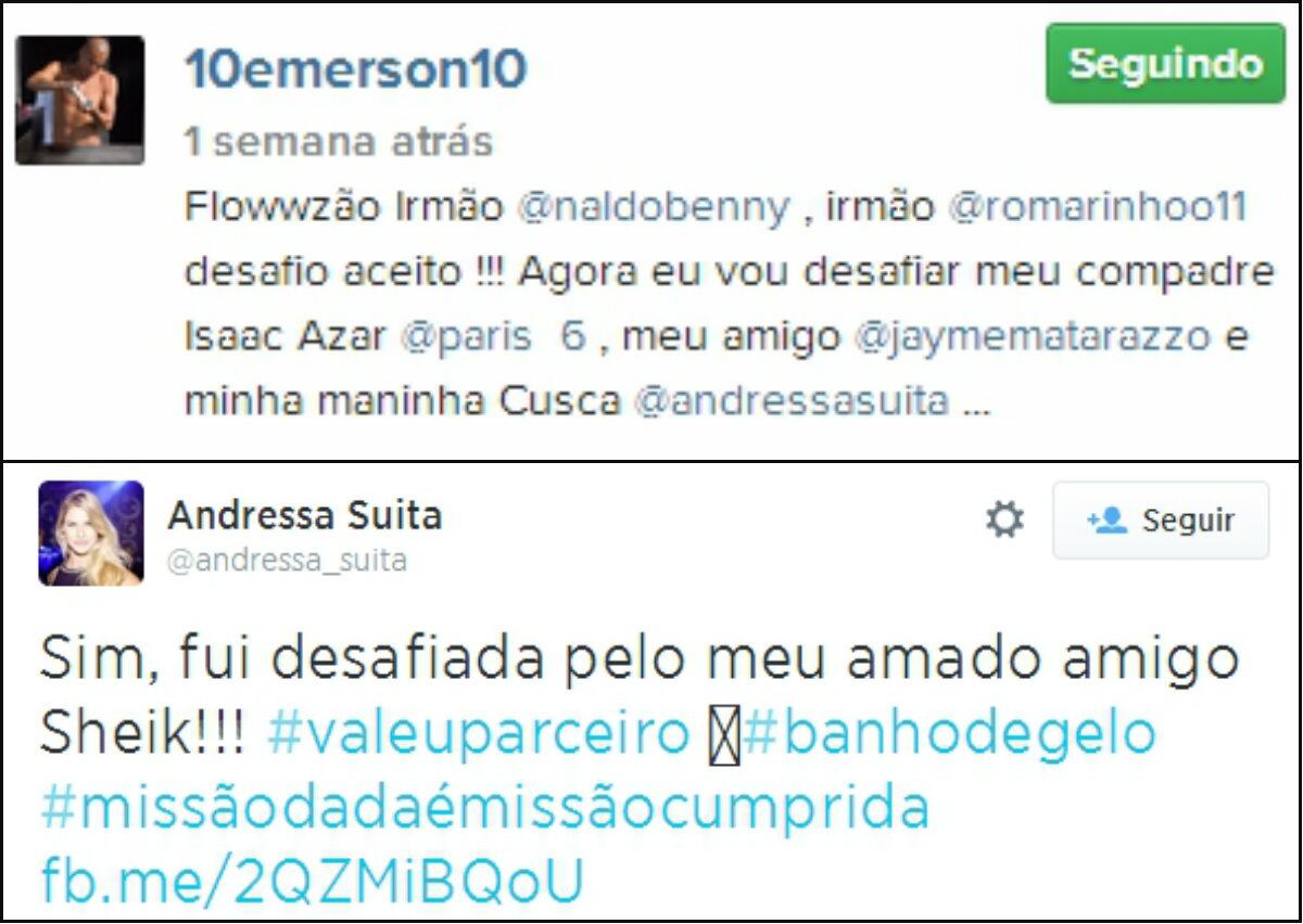 Nas redes sociais, Andressa e Emerson não escondem o companheirismo. Na campanha do balde de gelo, o jogador do Botafogo escolheu, além dos amigos Isaac Azar e Jayme Matarazzo, Andressa, que aceitou o desafio