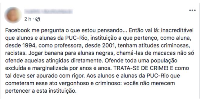 Professora da PUC-Rio condenou atitudes racistas relatadas pelos estudantes
