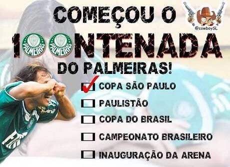 O Palmeiras começou o ano de seu centenário com uma eliminação precoce: o time de juniores do clube perdeu para o Flamengo de Guarulhos por 4 a 3 e foi eliminado na segunda fase da Copa São Paulo. Sem perder tempo, os rivais já começaram a zoeira com o Verdão e elencaram as competições que o time joga em 2014, marcando as quedas em cada uma no decorrer da temporada