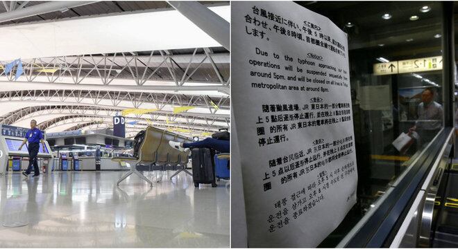 Aeroporto vazio (dir.) e cartaz sobre mudanças no funcionamento dos trens (esq.)