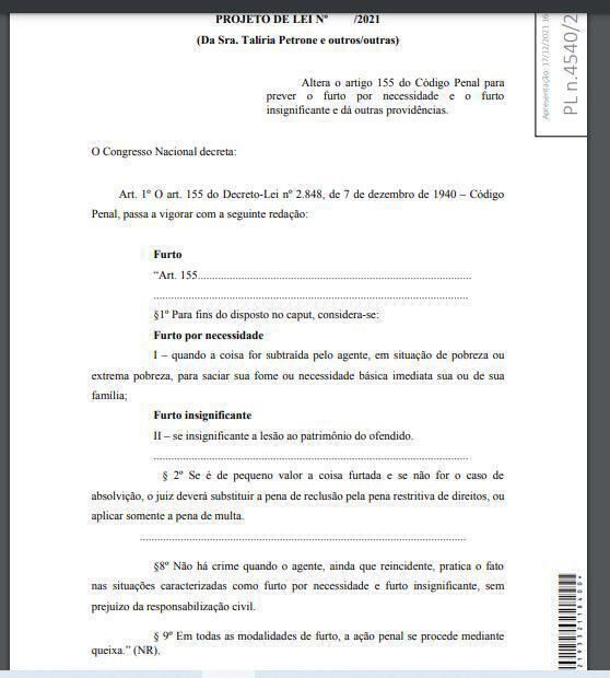 PL para alterar o Código Penal: furto por necessidade