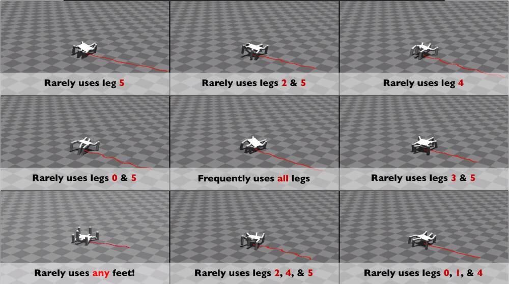 São cerca de 13 mil combinações envolvendo as seis pernas, apenas cinco, quatro, e assim por diante. Através do banco de dados, o robô consegue determinar um novo movimento padrão que não envolva a perna danificada em menos de 40 segundos