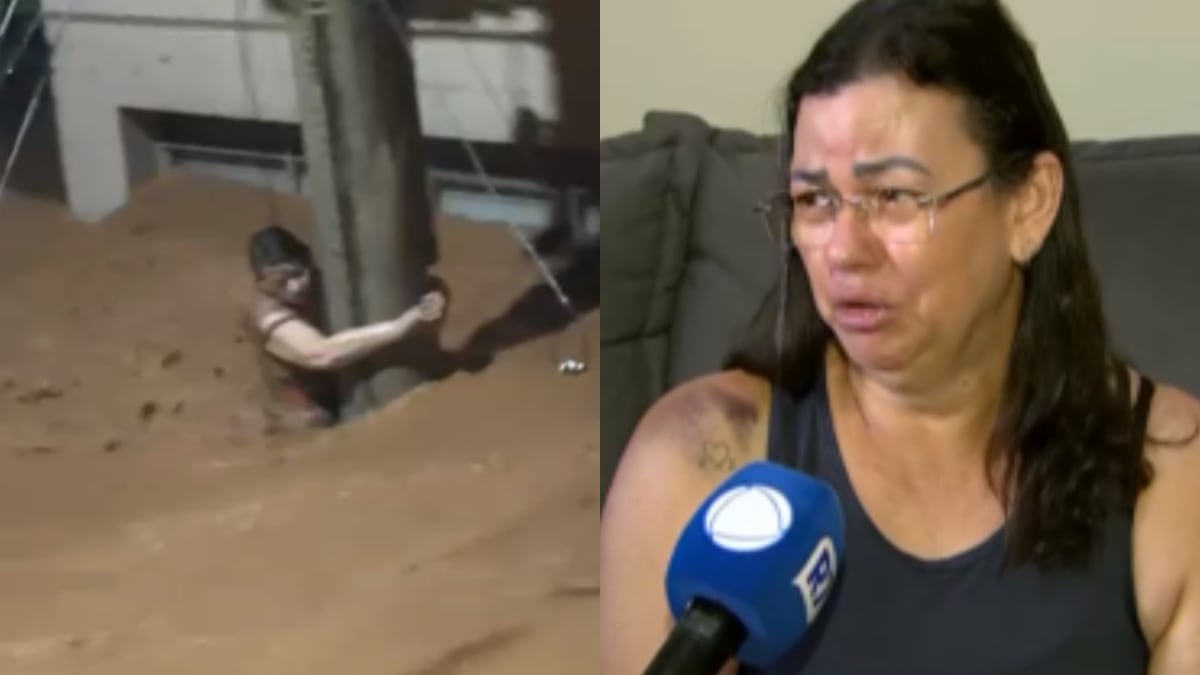 Durante o desespero, Edna viu o filho agarrado a uma grade. Os dois gritavam por socorro enquanto a água arrastava carros, motos e troncos de árvore