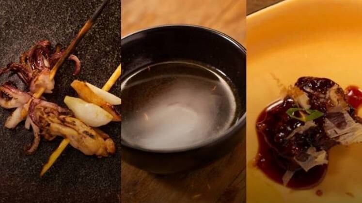 Isakaya do Caduzera
Por Cadu Evangelisti

Ingredientes para a copa lombo empanada:
Copa lombo de porco
Missô
Laranja
Mirin
Togarashi
Limão-cravo
Fécula de batata (para empanar)
Óleo de girassol (para fritar)
Açúcar de coco
Gochujang
Vinagre de arroz
Shoyo 

Modo de preparo:
1. Marinar a copa lombo com missô, laranja, mirin e togarashi e limão-cravo. Depois, empanar com fécula de batata e fritar em óleo de girassol a 160º por 3 minutos.
2. Reduza o açúcar de coco, mirin, gochujang, shoyo, laranja até ficar bem caramelado e brilhante. Então, passe a fritura nesse glacê.

Ingredientes (para yakitori de sobrecoxa e lula):
Lula
Gari
Sobrecoxa de frango
Gengibre fresco
Shoyo
Missô

Modo de preparo:
1. Marine a lula com gari, gengibre fresco e shoyo.
2. Marine a sobrecoxa com missô e gengibre.
3. Coloque ambos nos seus respectivos espetos e grelhe.

Ingredientes (para o caldo de porco e algas):
Porco
Cebola
Alho
Água
Missô
Gengibre
Coentro
Nirá
Togarashi 
Sichuan
Cogumelos frescos
Wakame
Kombu

Modo de preparo:
1. Toste o porco até ficar bem dourado.
2. Coloque cebola, alho e água e deixe ferver por 15 minutos.
3. Adicione missô, gengibre, talo de coentro, nirá, togarashi, sichuan e cogumelos frescos.
4. Desligue o fogo, coloque wakame e kombu.

