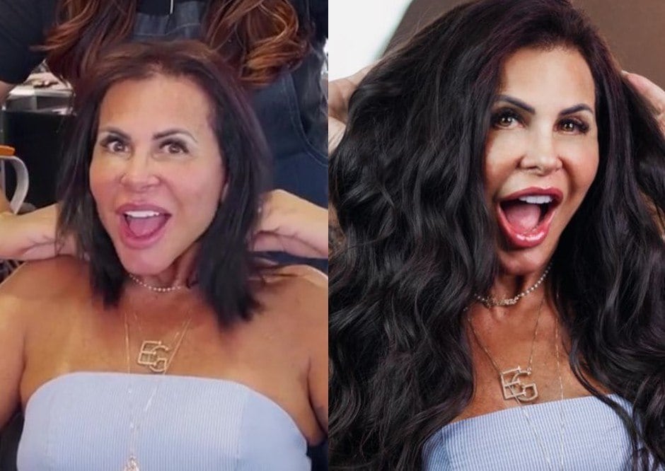 Gretchen antes e depois de colocar seu novo mega hair, com fios mais escuros e ondulados