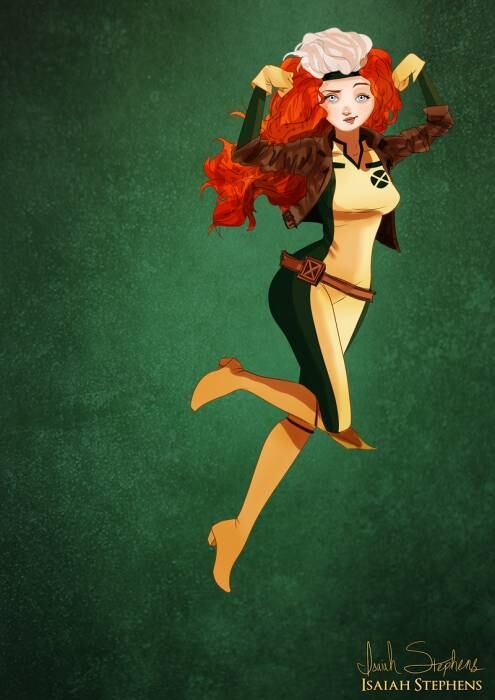 Merida, de Valente, como a Vampira de X-Men
Tanto a Vampira quanto a Merida são guerreiras, curiosas e cheias de vontade de viver aventuras. Outra fantasia muito bem pensada! 