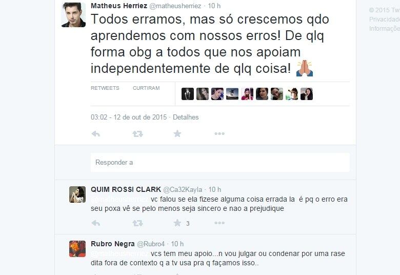 "Todos erramos, mas só crescemos quando aprendemos com nossos erros", continuou Matheus