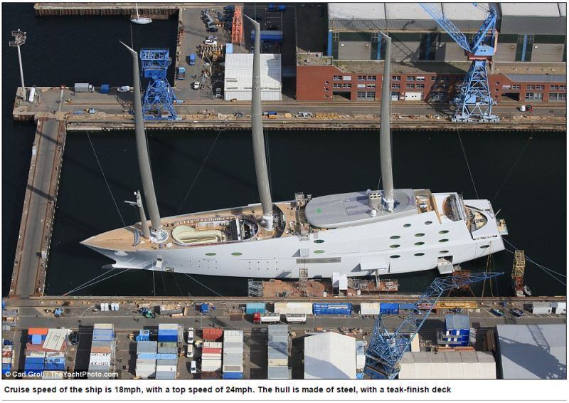 Além de ser o maior iate a velas do mundo, o barco ainda
incorpora uma das maiores peças de vidro curvado já vista, com 17,9 metros
quadrados e que pesa 1,8 tonelada