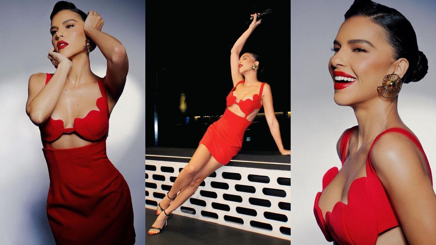 Vermelho é a cor mais quente, e faz os looks de Mari explodirem de sensualidade! Para a formação da terceira Zona de Risco, a apresentadora escolheu vestidinho Hand Lace com recortes diferenciados no decote, brincos caracol dourados e bocão vermelho. O coque com topete deixou o colo livre, e o tom do vestido e batom iluminaram ainda mais a pele dela!