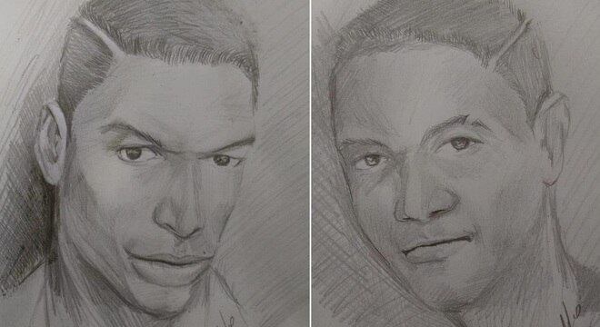 Retrato falado do suspeito foragido (esquerda) e do rapaz que foi preso