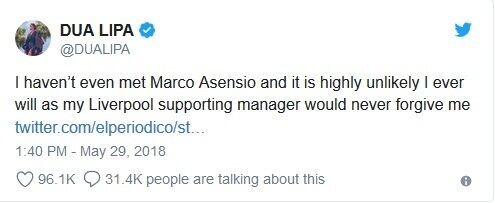 No Twitter, ela garantiu que nem conhece o jogador Marco Asensio, do Real
