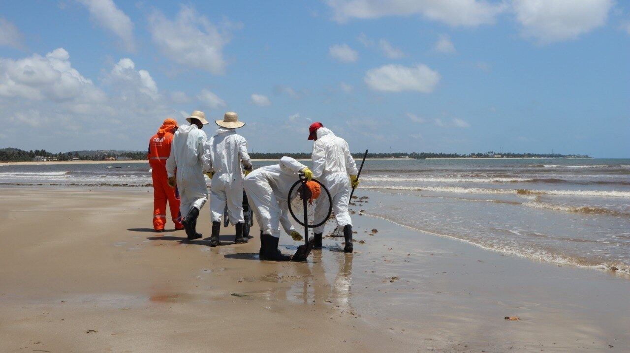 Em Tamandaré (PE), equipes usam jaleco e peneiras para recolher óleo nas praias
