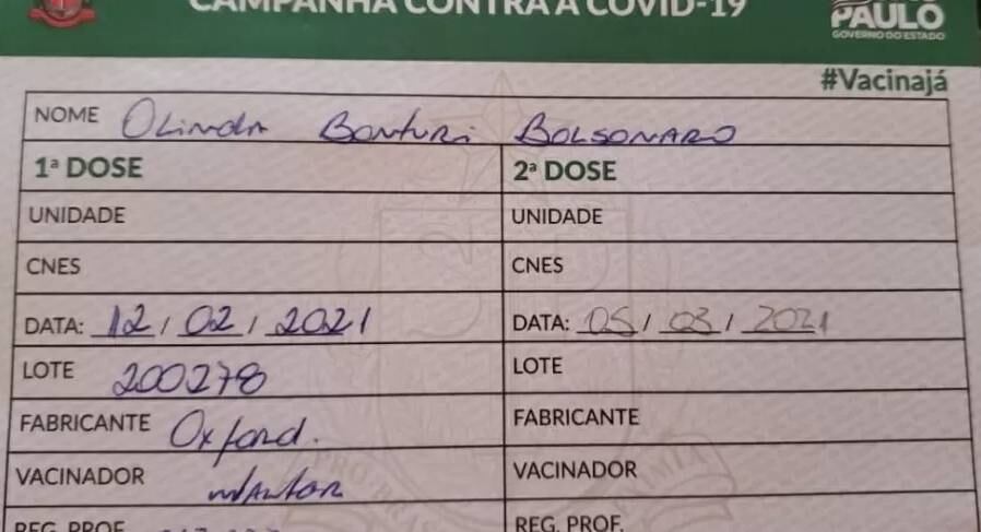 Cartão original, com Oxford no local em que deveria ser escrito CoronaVac ou Butantan