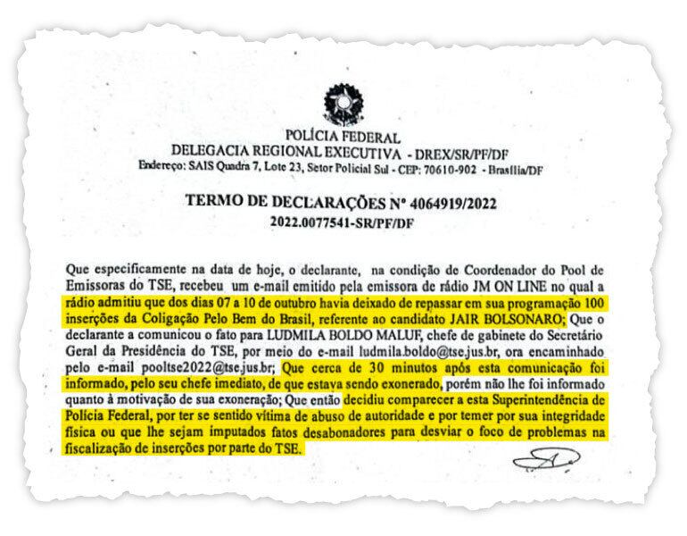 Trecho de declaração do servidor do Tribunal Superior Eleitoral (TSE) Alexandre Gomes Machado à Polícia Federal