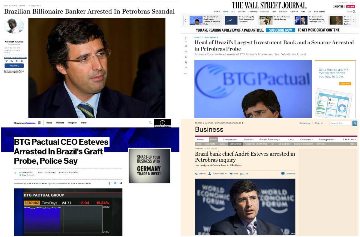 As prisões do banqueiro André Esteves e do senador Delcídio do Amaral tiveram repercussão em importantes veículos de comunicação internacionais. A maioria deles deu destaque ao fato do bilionário dono do banco de investimentos BTG Pactual ir para a cadeia