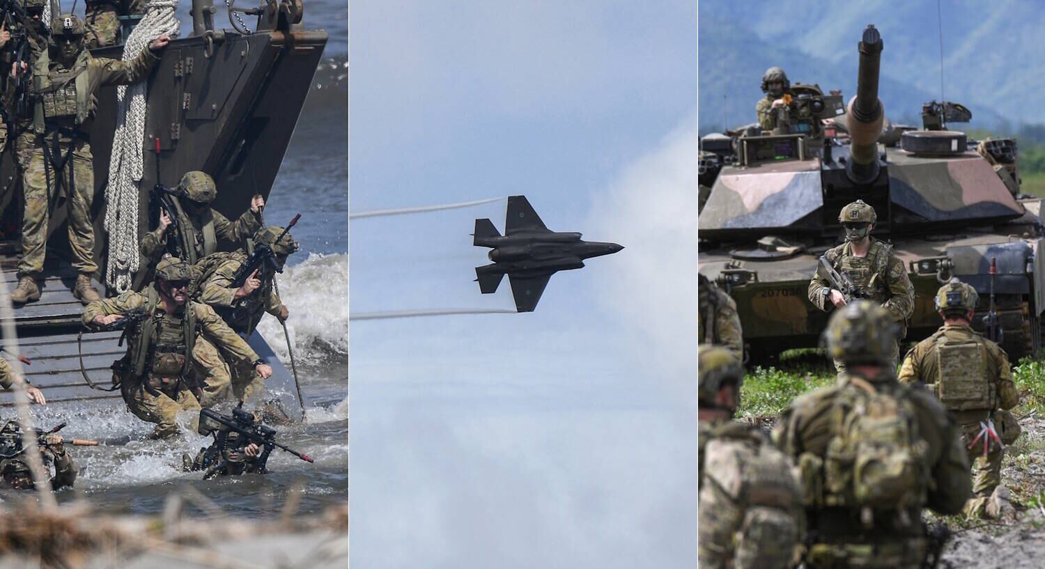 Fuzileiros dos Estados Unidos, das Filipinas e da Austrália fizeram um ensaio militar, nesta sexta-feira (25), na localidade de San Antônio, uma cidade na província filipina de Zambales, no oeste do país