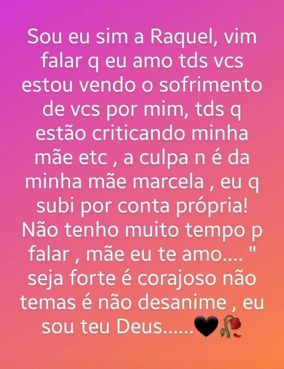 Marcela Portelinha se defendeu com texto publicado no Instagram da filha neste domingo (1º)