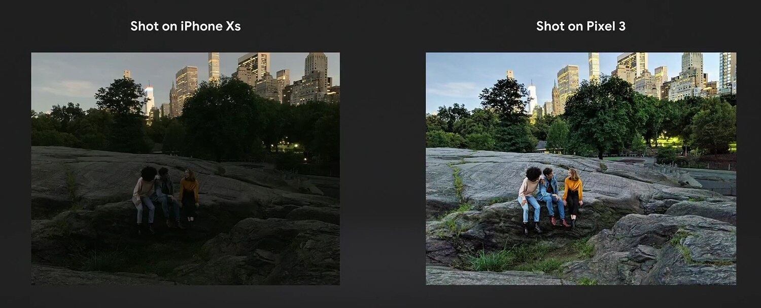 Comparação entre uma foto tirada com o Pixel 3 e iPhone XS