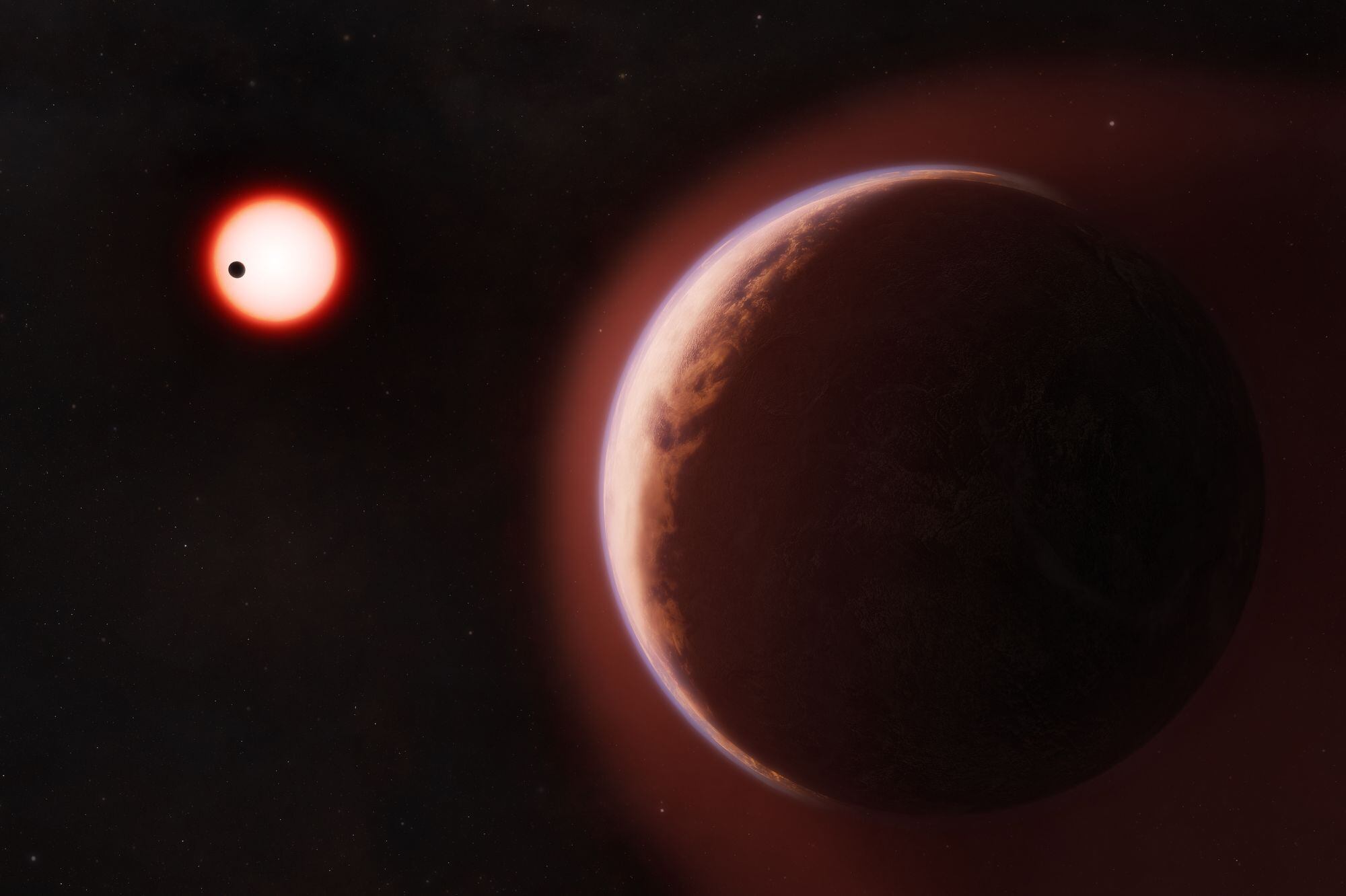 Uma ilustração artística mostra o exoplaneta LHS 1140b (à direita) rodeado por uma atmosfera rica em hélio