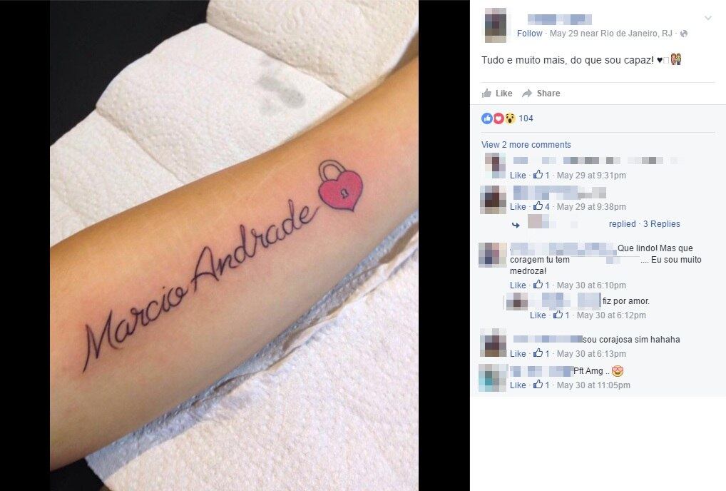 Recentemente, a menor fez uma tatuagem em homenagem ao namorado. Com nome, sobrenome e um cadeado em forma de coração, a imagem foi publicada no dia 29 de maio deste ano. Questionada sobre a coragem para realizar o feito, a jovem afirma que "fez por amor"