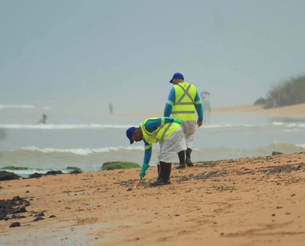 Fragmentos de óleo são retirados de praia no município da Serra (ES)